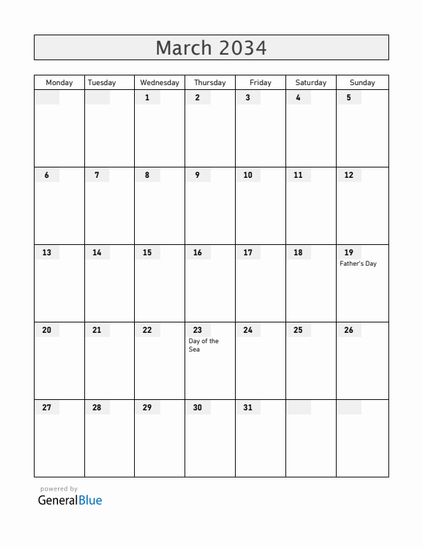 Bolivia March 2034 Calendar with Holidays