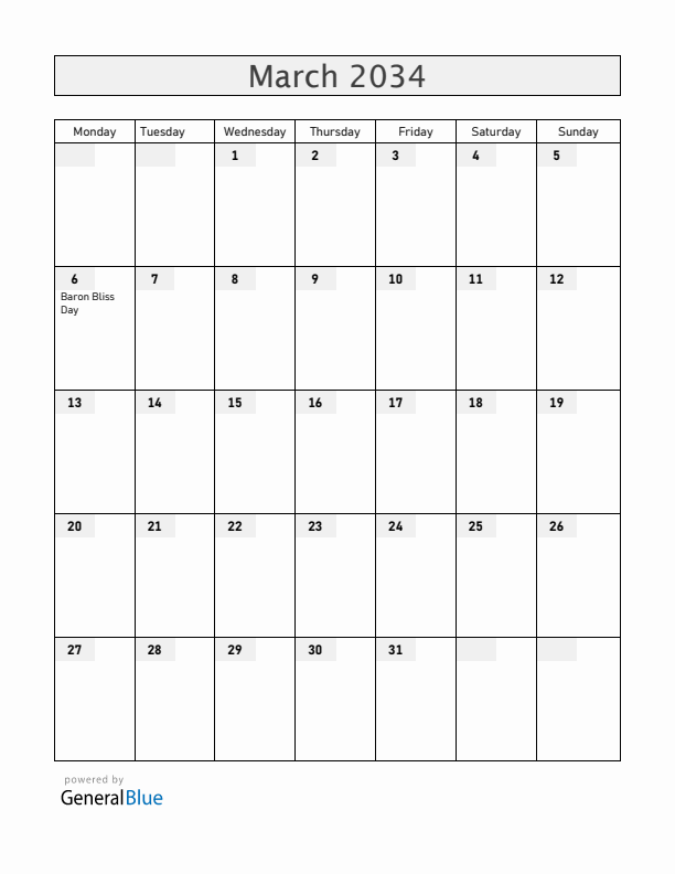 Belize March 2034 Calendar with Holidays