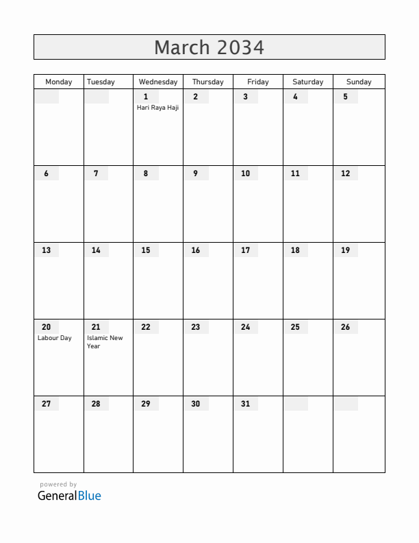 Cocos Islands March 2034 Calendar with Holidays