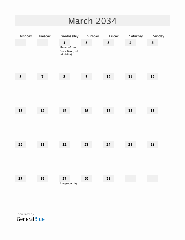 Central African Republic March 2034 Calendar with Holidays