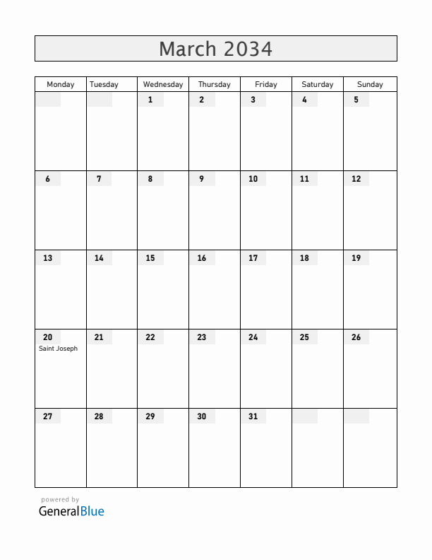 Colombia March 2034 Calendar with Holidays