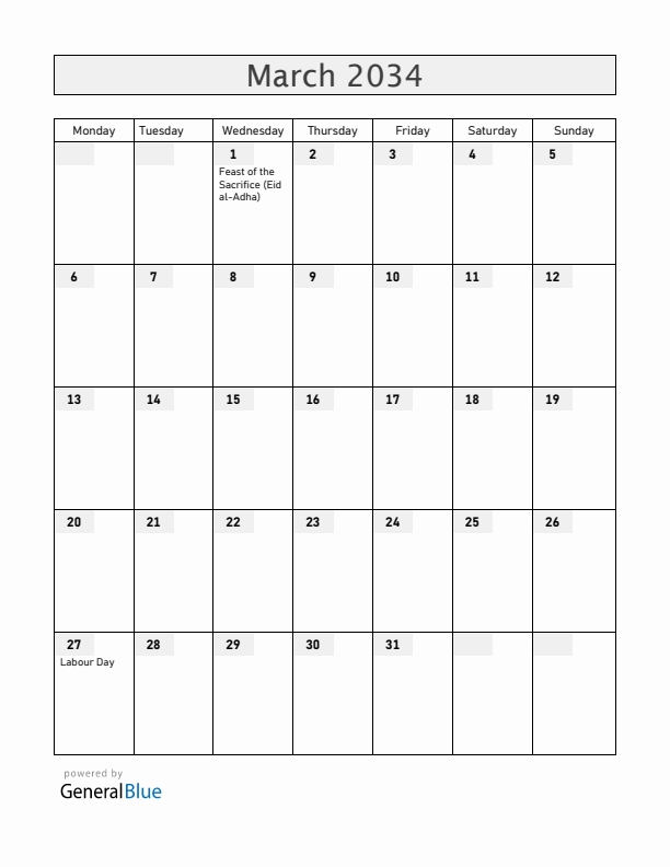 Christmas Island March 2034 Calendar with Holidays