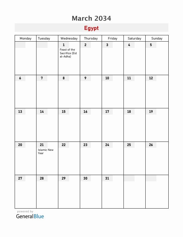 Egypt March 2034 Calendar with Holidays
