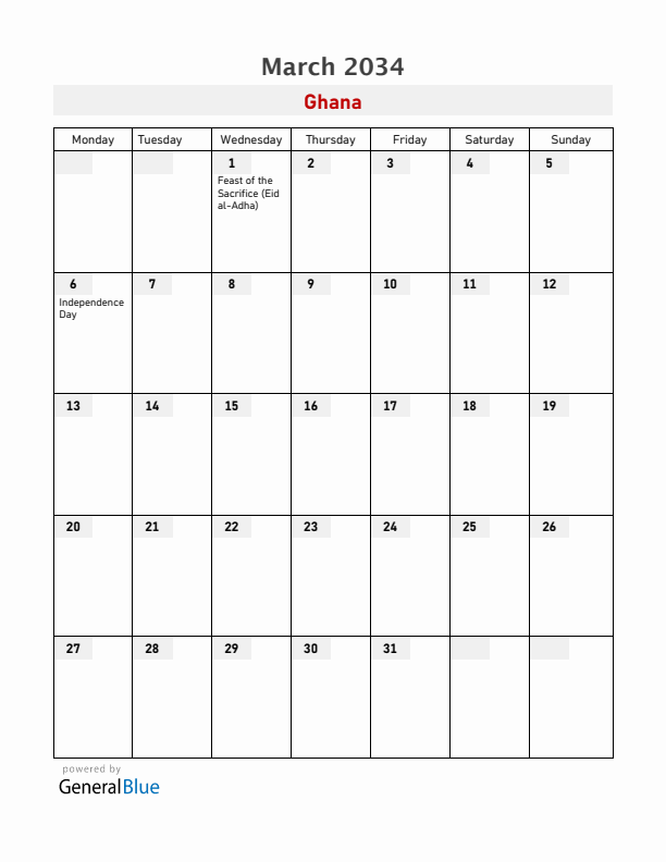 Ghana March 2034 Calendar with Holidays