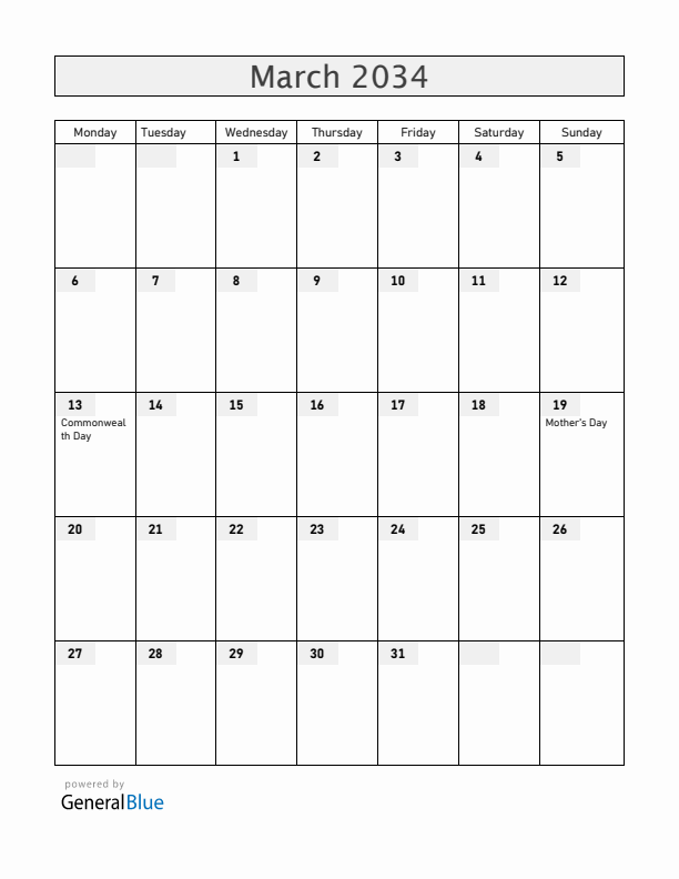 Gibraltar March 2034 Calendar with Holidays
