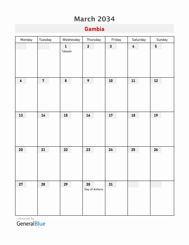 Gambia March 2034 Calendar with Holidays