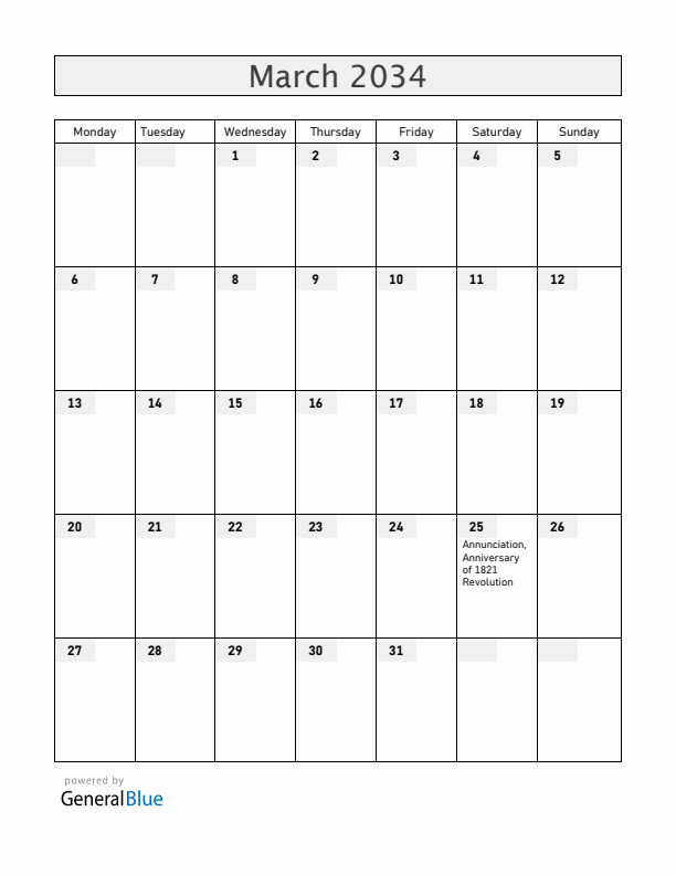 Greece March 2034 Calendar with Holidays