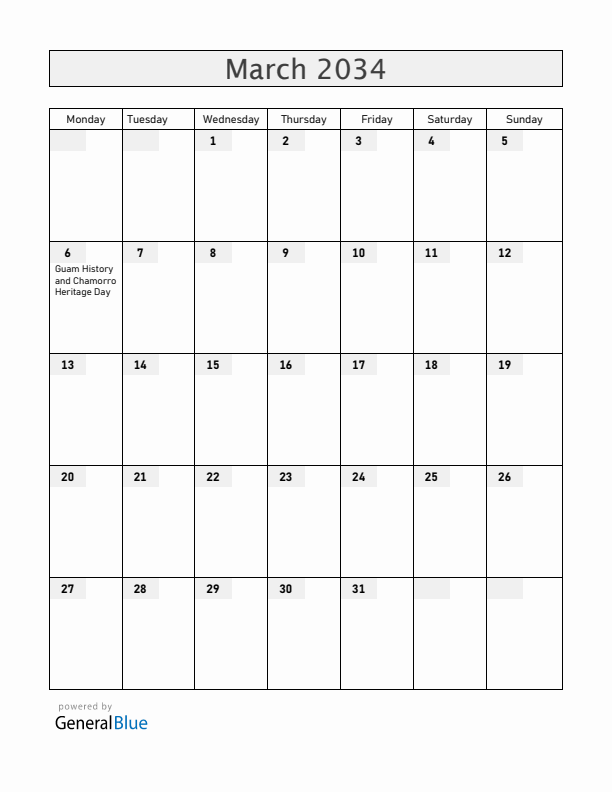 Guam March 2034 Calendar with Holidays