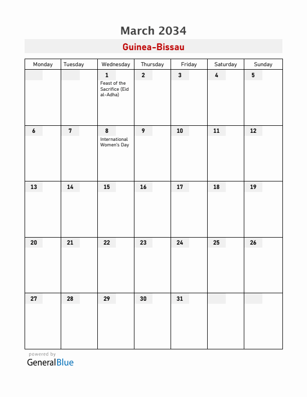 Guinea-Bissau March 2034 Calendar with Holidays