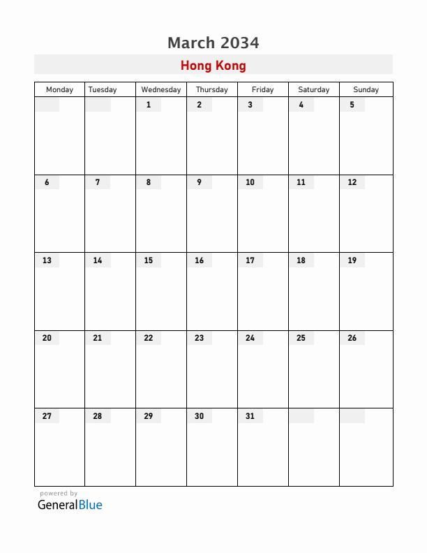 Hong Kong March 2034 Calendar with Holidays