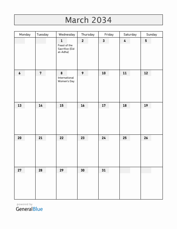 Croatia March 2034 Calendar with Holidays
