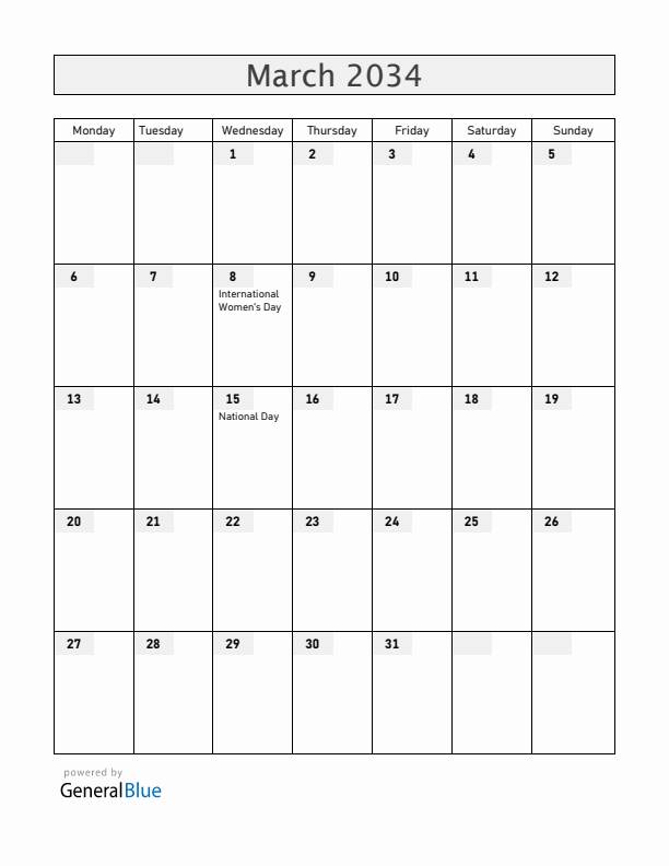 Hungary March 2034 Calendar with Holidays