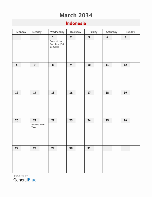 Indonesia March 2034 Calendar with Holidays