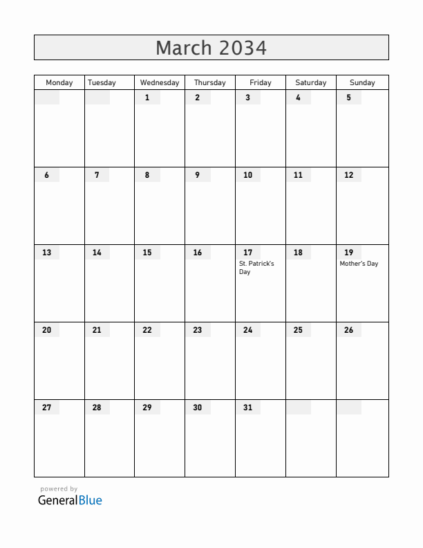Ireland March 2034 Calendar with Holidays