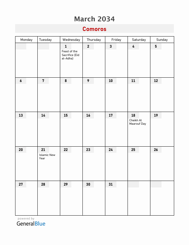 Comoros March 2034 Calendar with Holidays