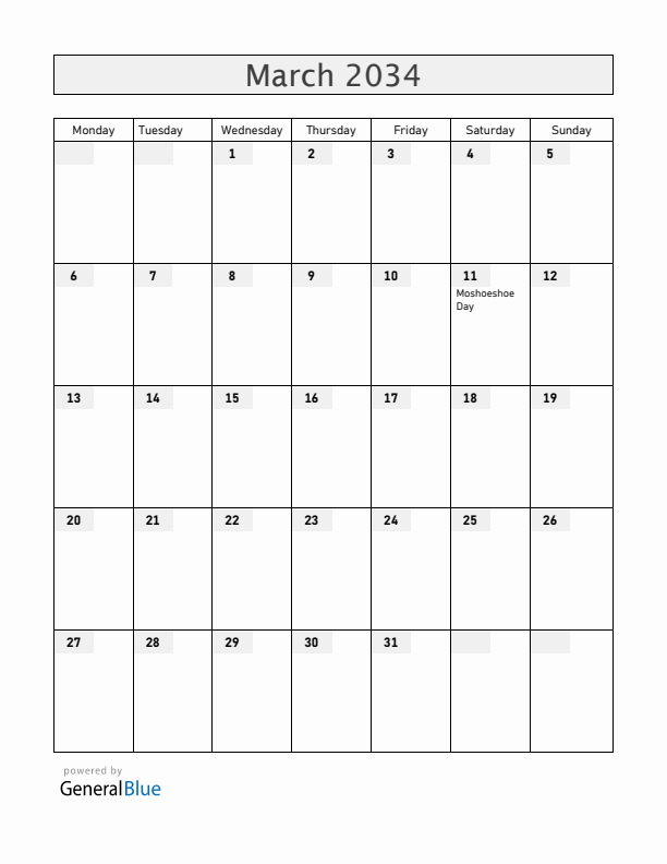 Lesotho March 2034 Calendar with Holidays