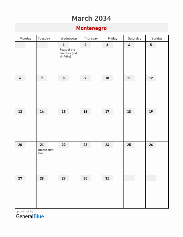 Montenegro March 2034 Calendar with Holidays