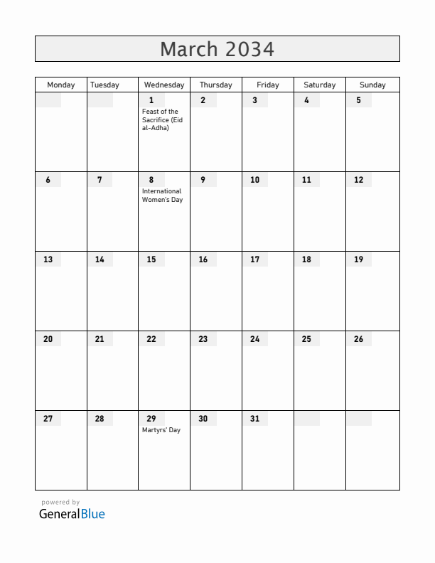 Madagascar March 2034 Calendar with Holidays