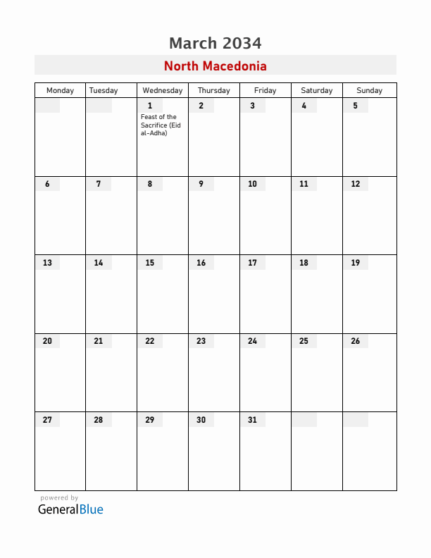 North Macedonia March 2034 Calendar with Holidays