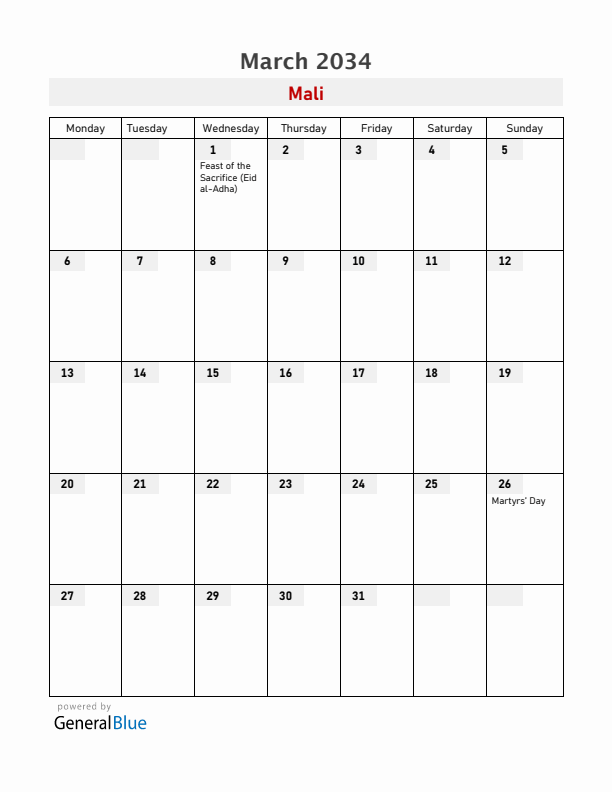 Mali March 2034 Calendar with Holidays