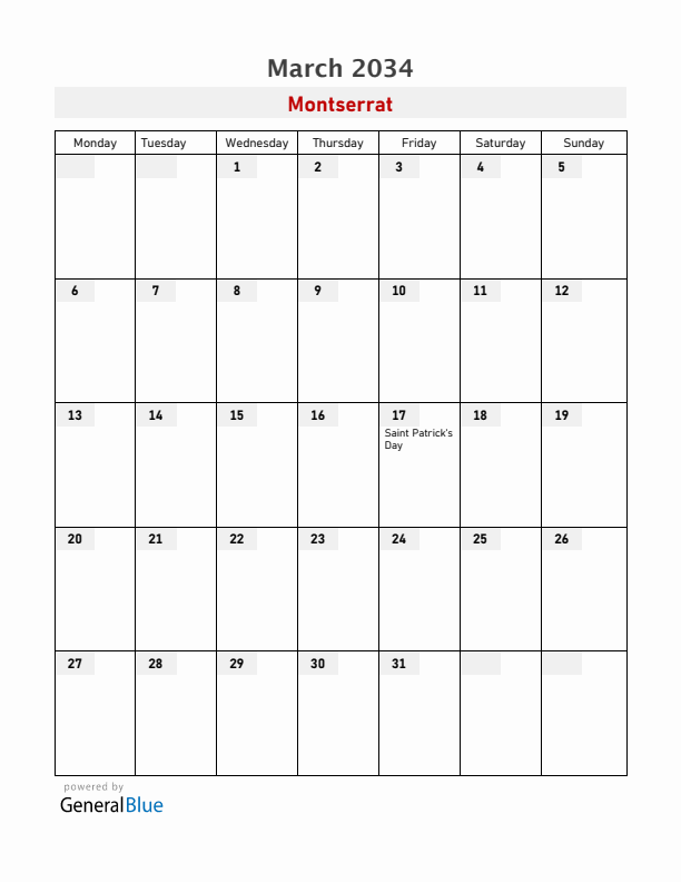 Montserrat March 2034 Calendar with Holidays