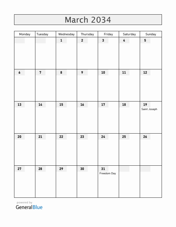 Malta March 2034 Calendar with Holidays