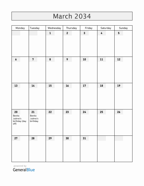 Mexico March 2034 Calendar with Holidays