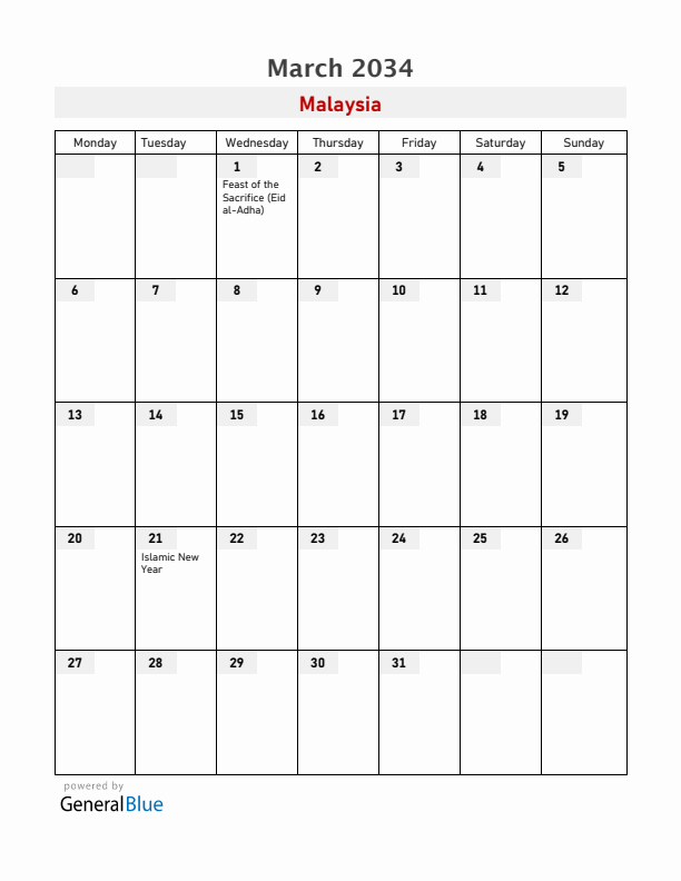 Malaysia March 2034 Calendar with Holidays