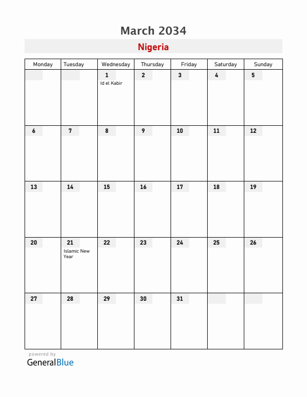 Nigeria March 2034 Calendar with Holidays