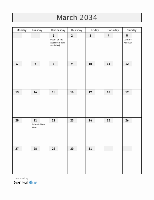 Philippines March 2034 Calendar with Holidays