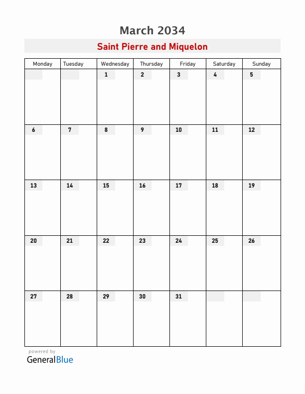 Saint Pierre and Miquelon March 2034 Calendar with Holidays