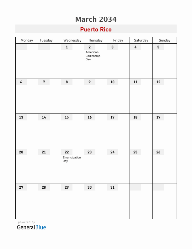 Puerto Rico March 2034 Calendar with Holidays