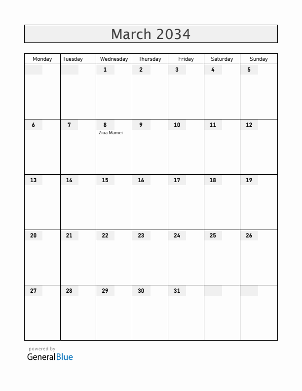 Romania March 2034 Calendar with Holidays