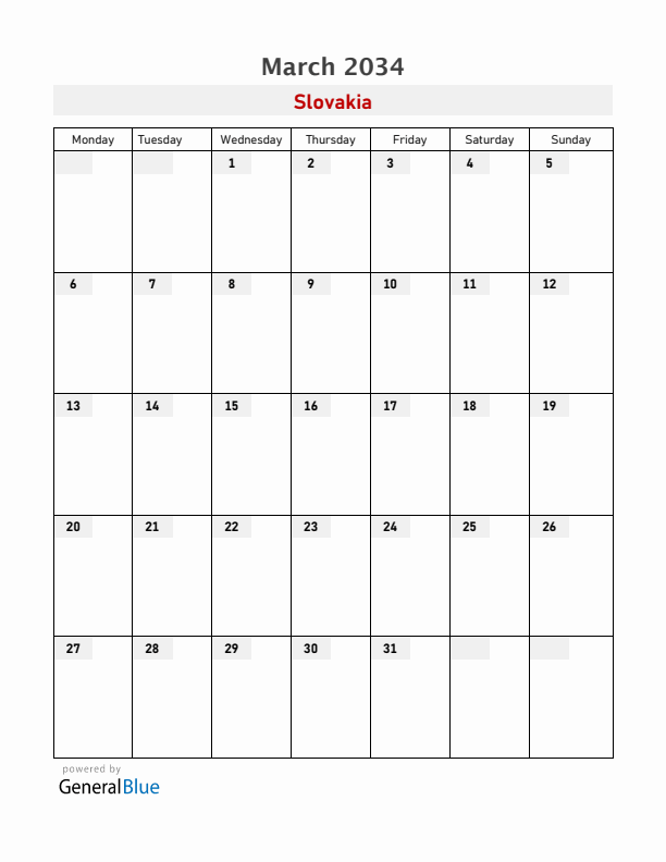 Slovakia March 2034 Calendar with Holidays