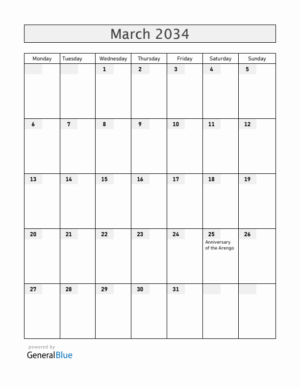 San Marino March 2034 Calendar with Holidays