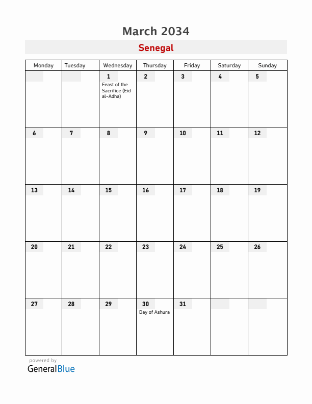 Senegal March 2034 Calendar with Holidays