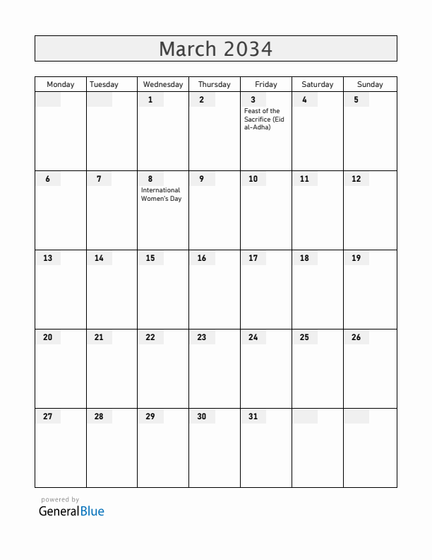 South Sudan March 2034 Calendar with Holidays