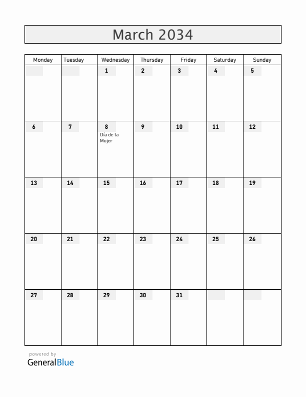 El Salvador March 2034 Calendar with Holidays