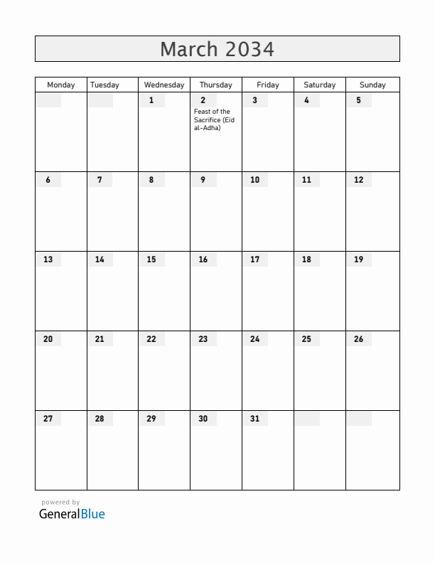 Togo March 2034 Calendar with Holidays