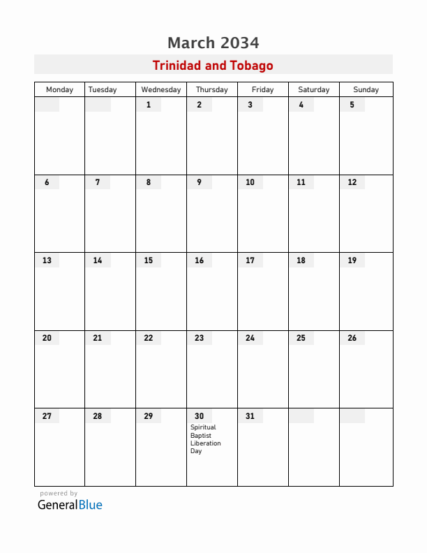 Trinidad and Tobago March 2034 Calendar with Holidays