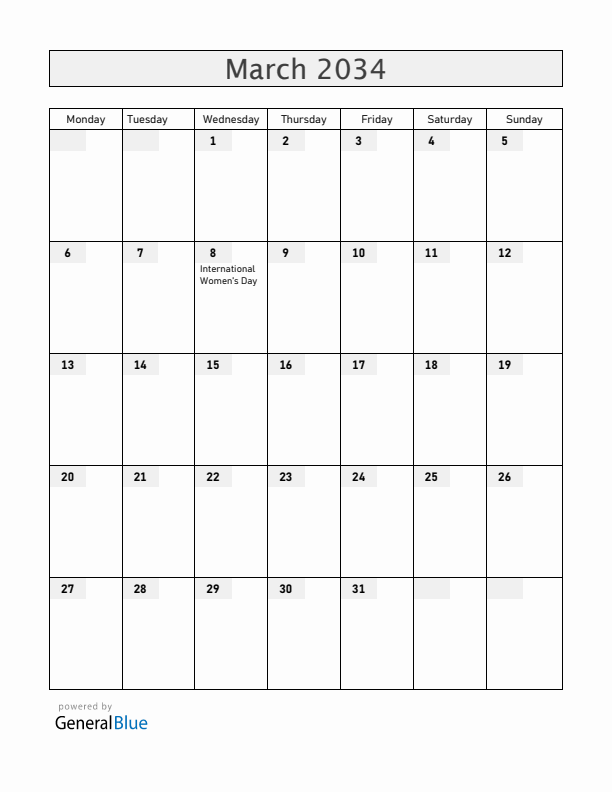 Ukraine March 2034 Calendar with Holidays