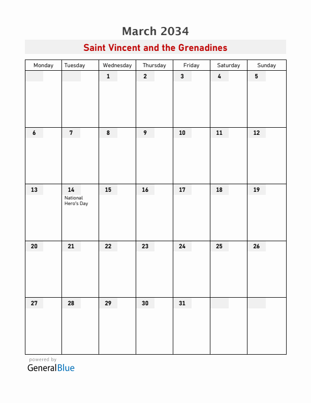 Saint Vincent and the Grenadines March 2034 Calendar with Holidays
