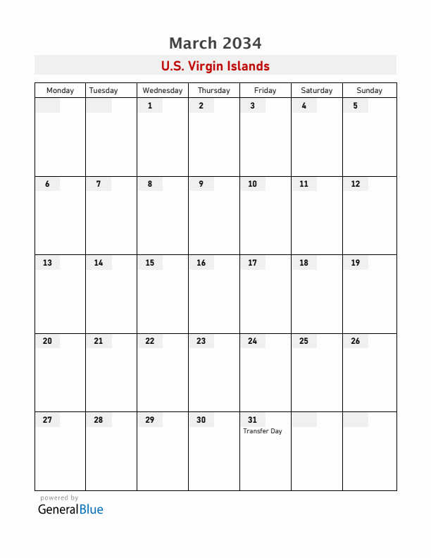 U.S. Virgin Islands March 2034 Calendar with Holidays