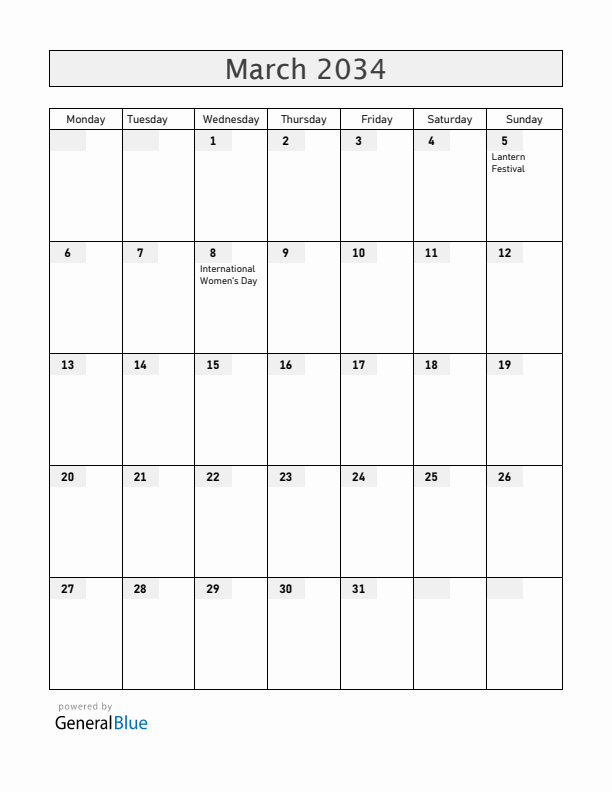 Vietnam March 2034 Calendar with Holidays