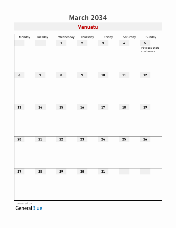 Vanuatu March 2034 Calendar with Holidays