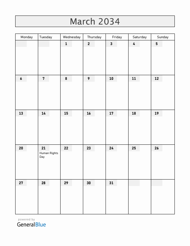 South Africa March 2034 Calendar with Holidays