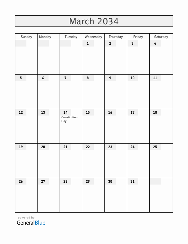 Andorra March 2034 Calendar with Holidays