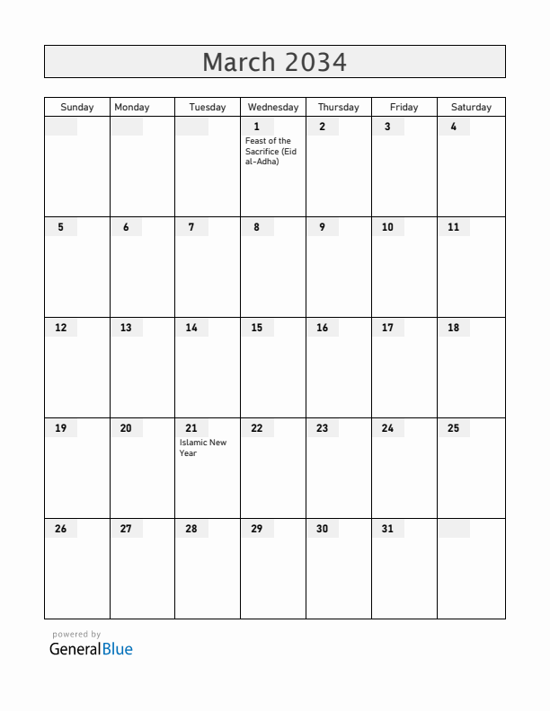 United Arab Emirates March 2034 Calendar with Holidays
