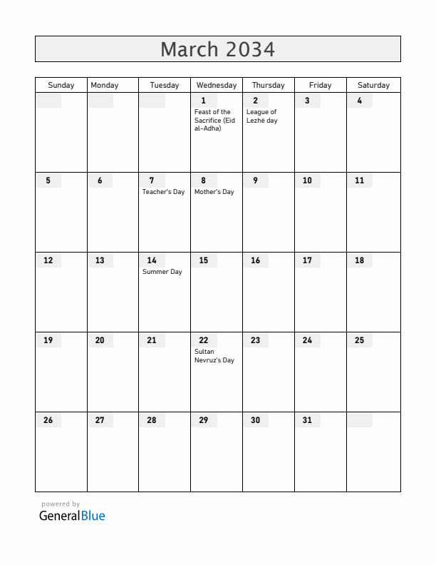 Albania March 2034 Calendar with Holidays