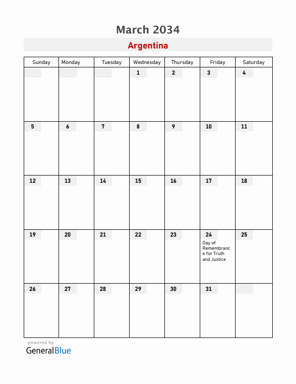 Argentina March 2034 Calendar with Holidays